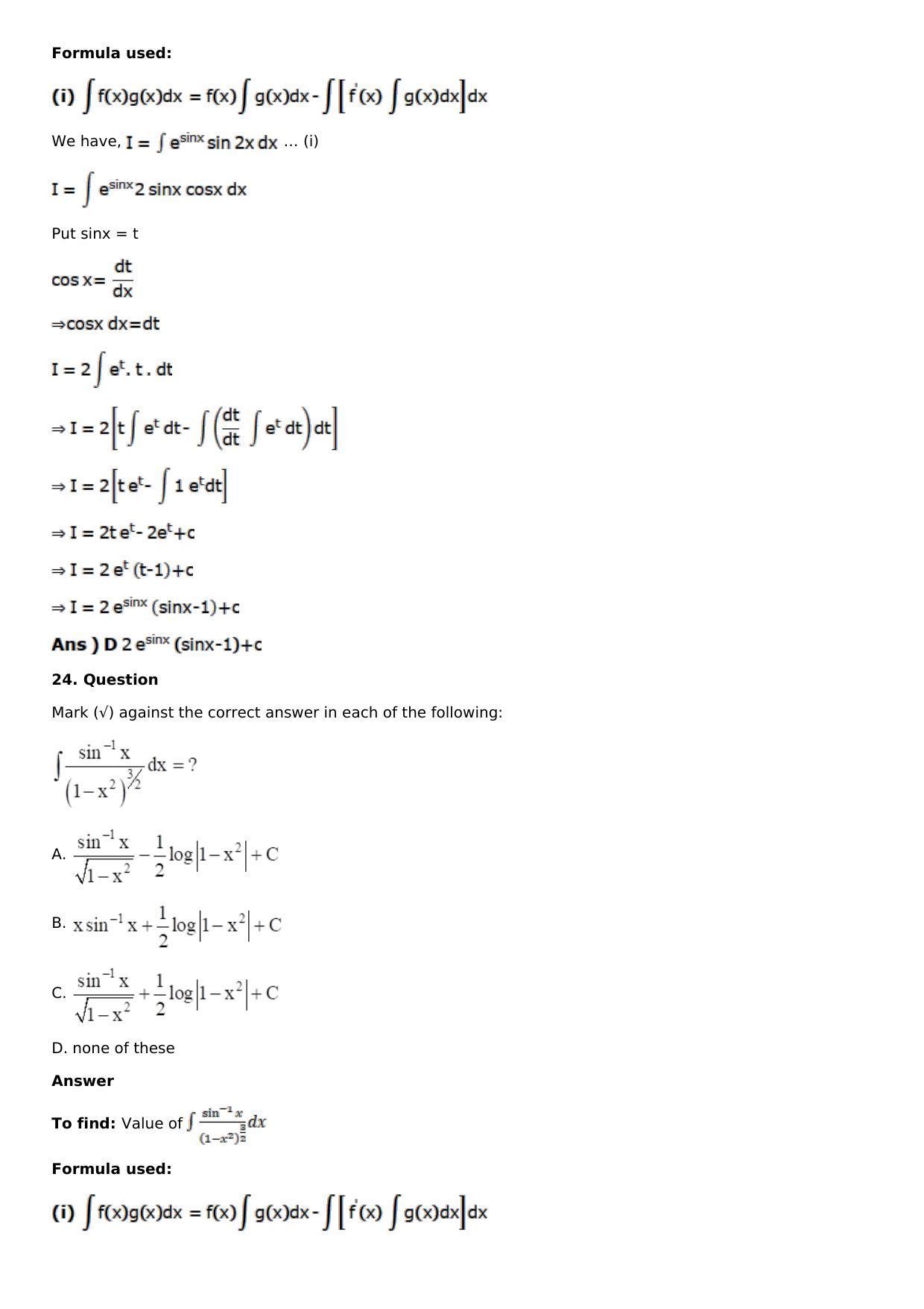 Chapter 13: Method of Integration Solutions: RS Aggarwal Class 12 Solutions  - Page 216