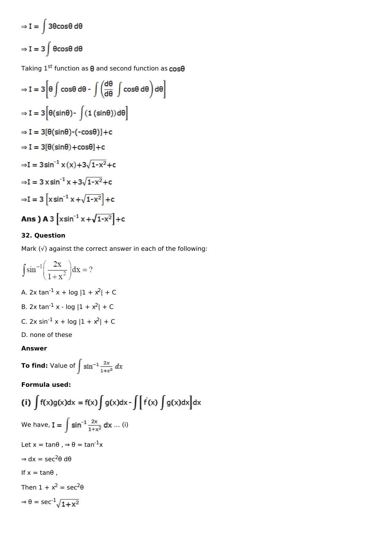 Chapter 13: Method of Integration Solutions: RS Aggarwal Class 12 Solutions  - Page 225