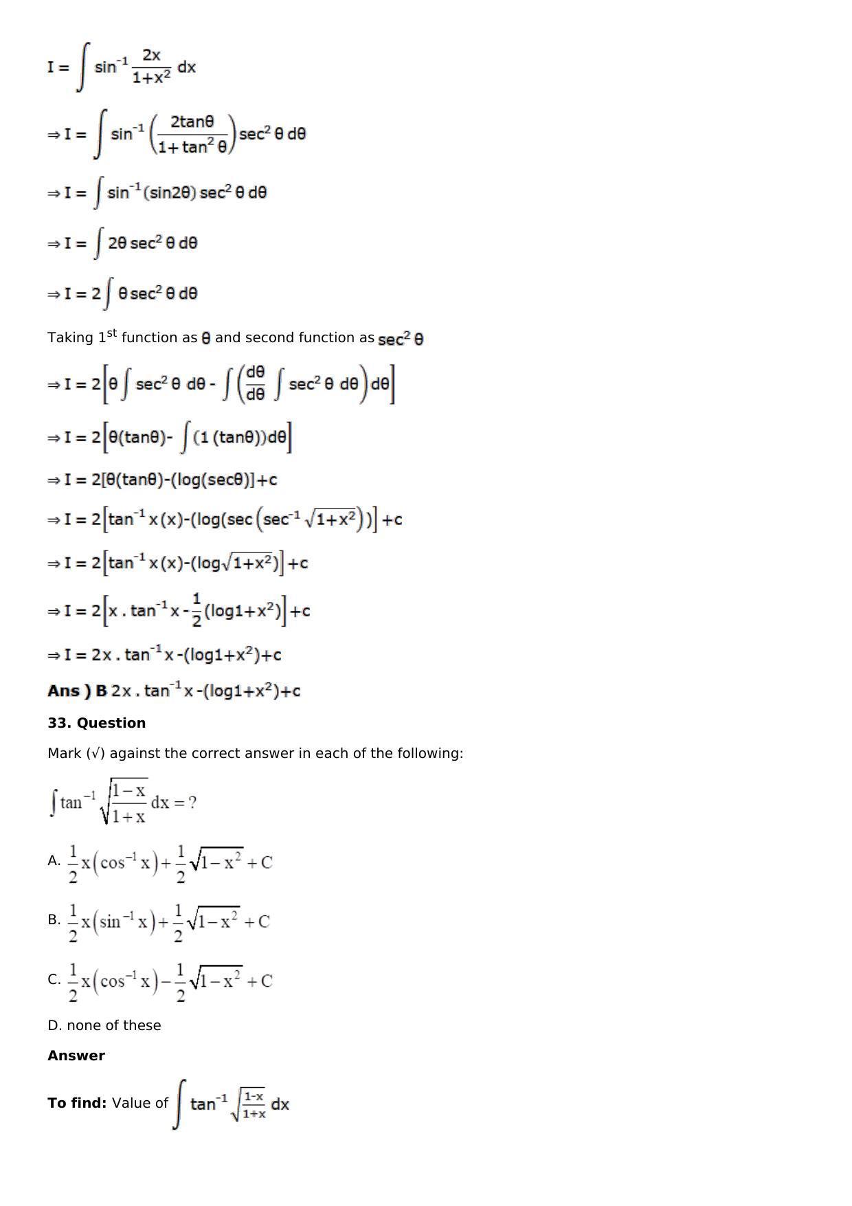 Chapter 13: Method of Integration Solutions: RS Aggarwal Class 12 Solutions  - Page 226