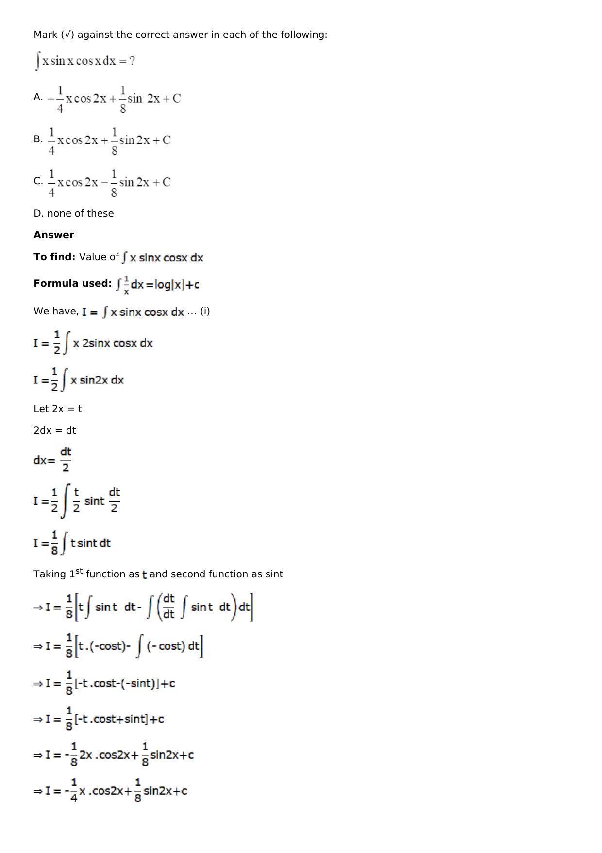 Chapter 13: Method of Integration Solutions: RS Aggarwal Class 12 Solutions  - Page 231