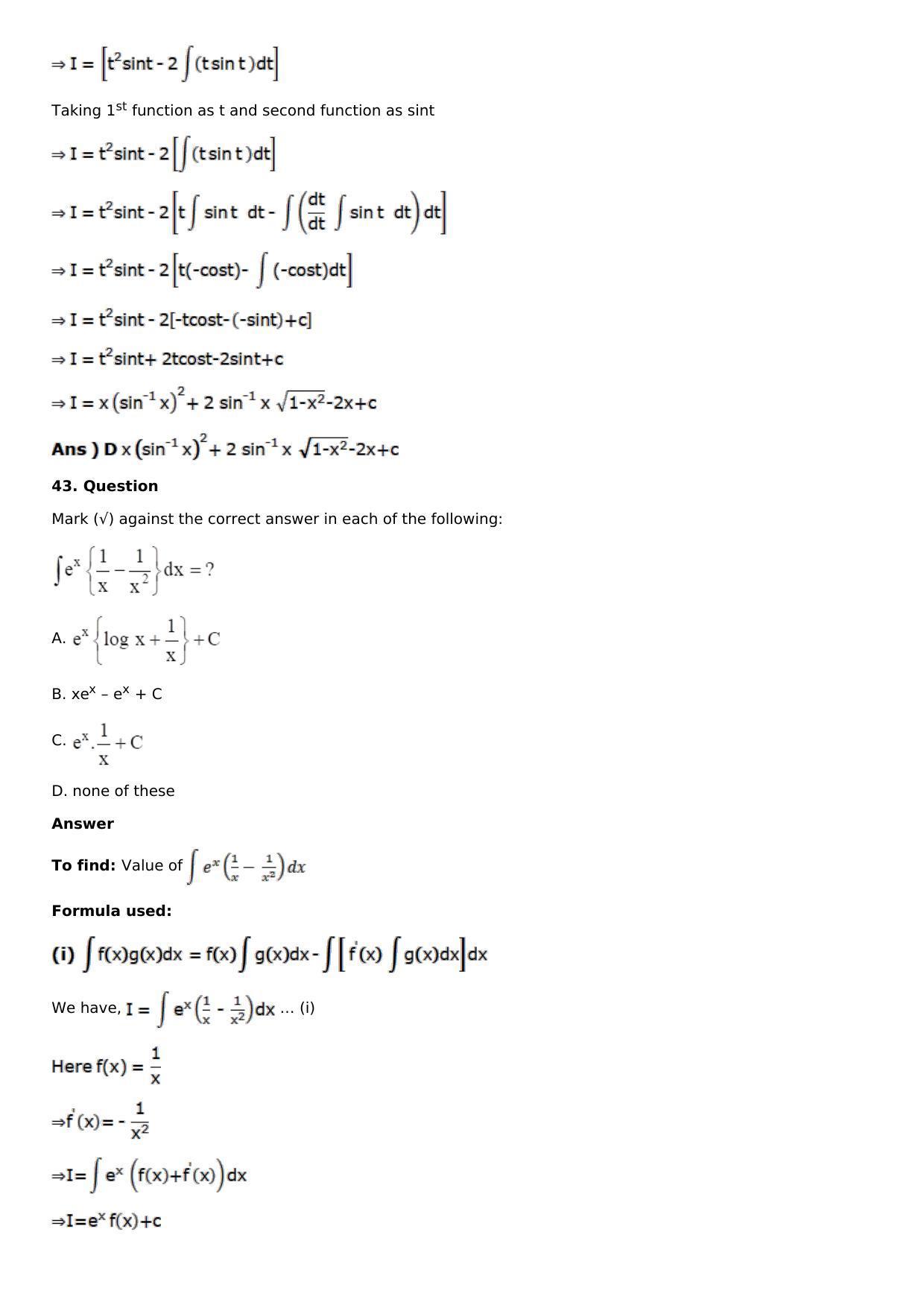 Chapter 13: Method of Integration Solutions: RS Aggarwal Class 12 Solutions  - Page 237