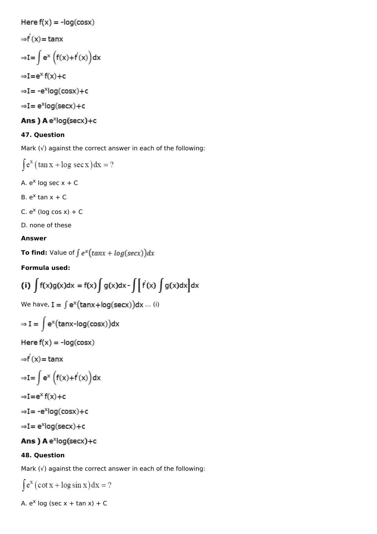 Chapter 13: Method of Integration Solutions: RS Aggarwal Class 12 Solutions  - Page 240