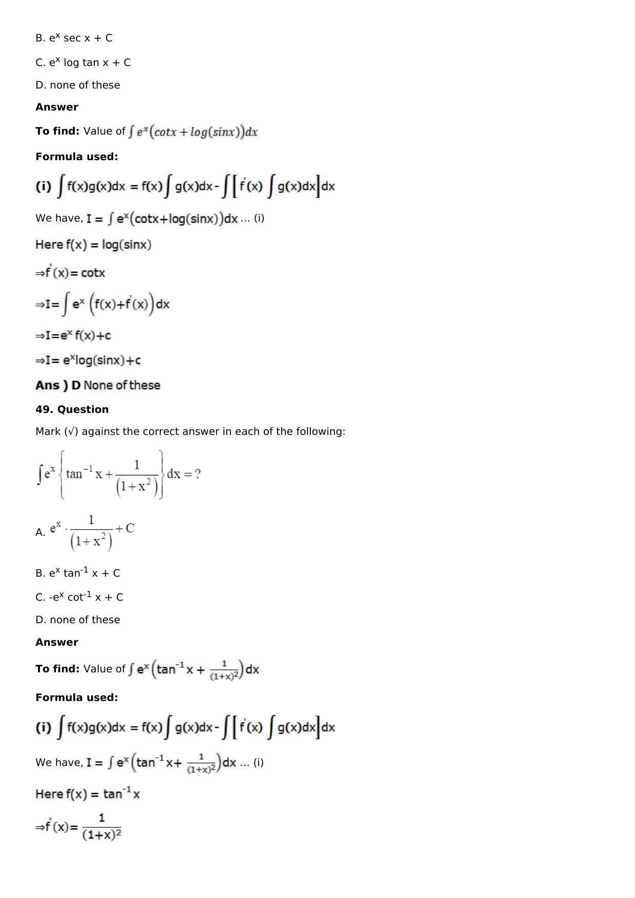 Chapter 13: Method of Integration Solutions: RS Aggarwal Class 12 Solutions  - Page 241