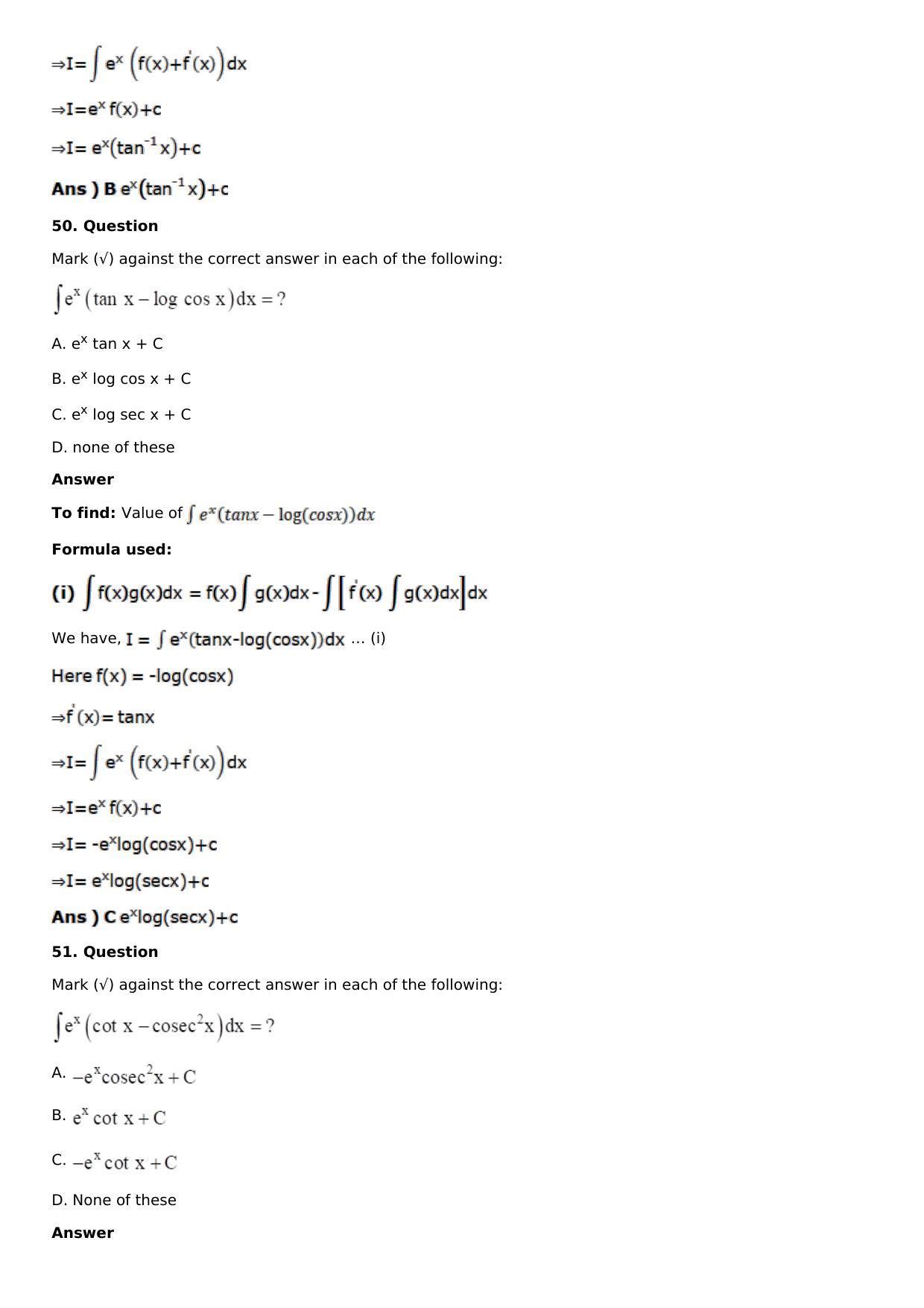 Chapter 13: Method of Integration Solutions: RS Aggarwal Class 12 Solutions  - Page 242
