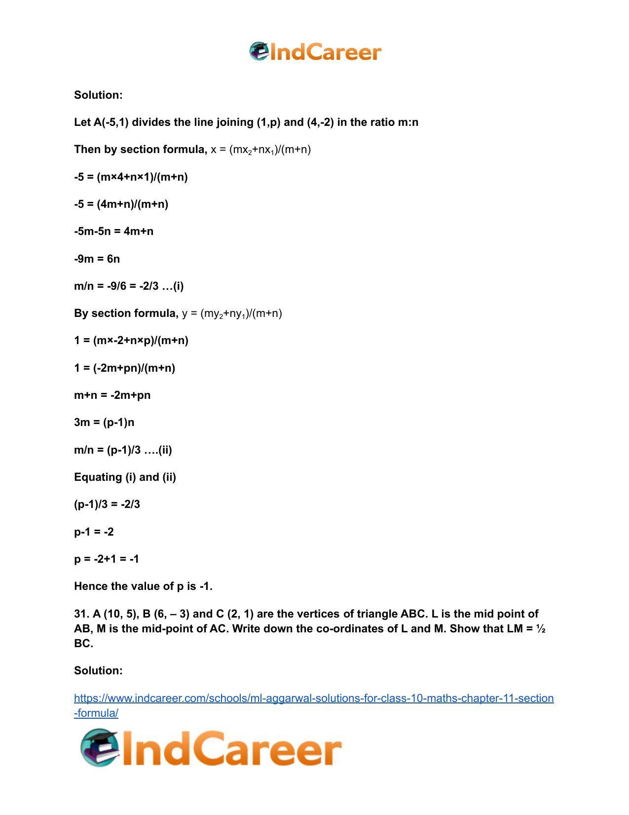 ML Aggarwal Solutions for Class 10 Maths Chapter 11- Section Formula - Page 44
