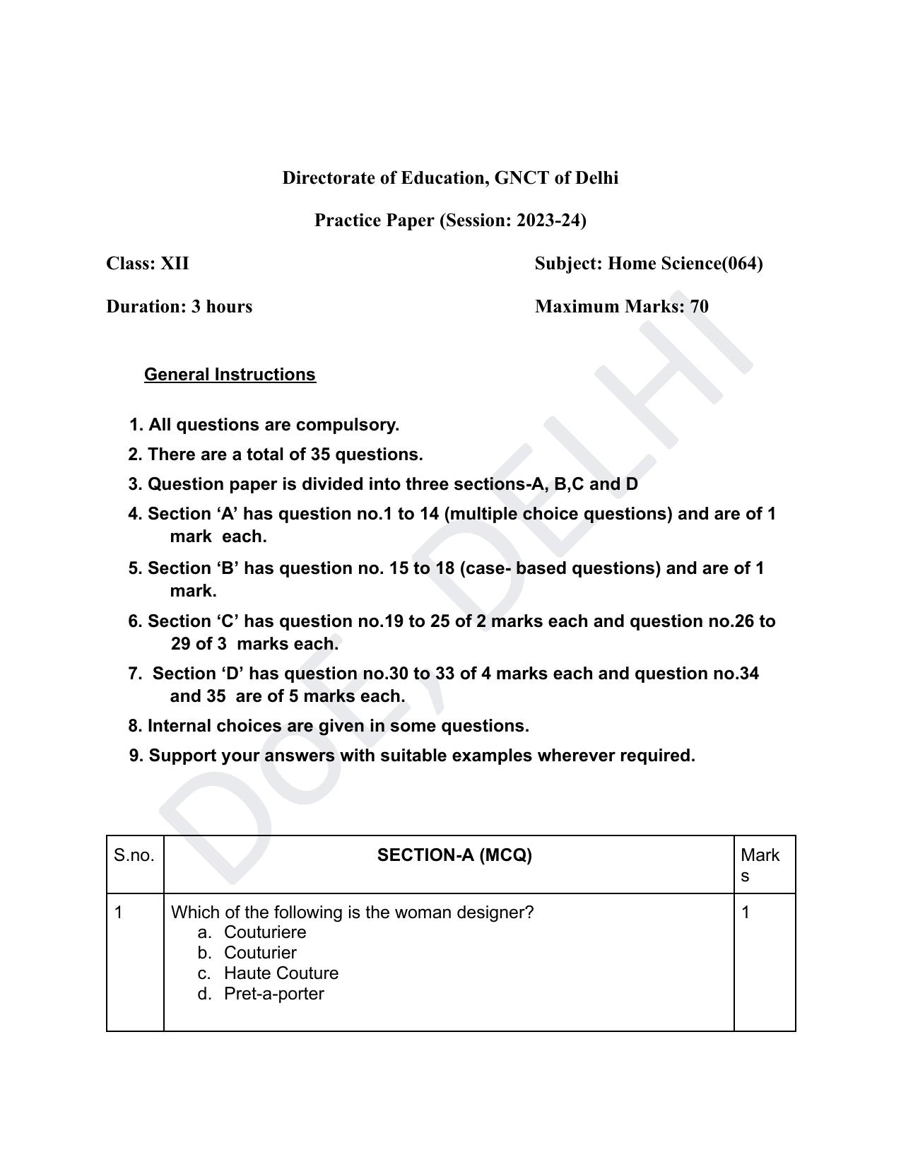Edudel Class 12 Home Science (English) Practice Papers-1 (2023-24) - Page 1