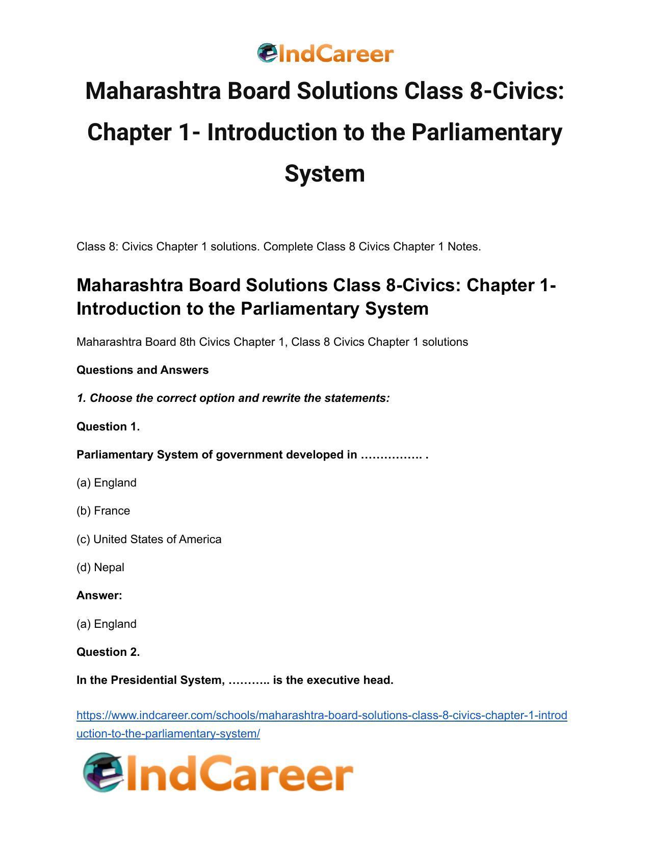 Maharashtra Board Solutions Class 8-Civics: Chapter 1- Introduction to the Parliamentary System - Page 2