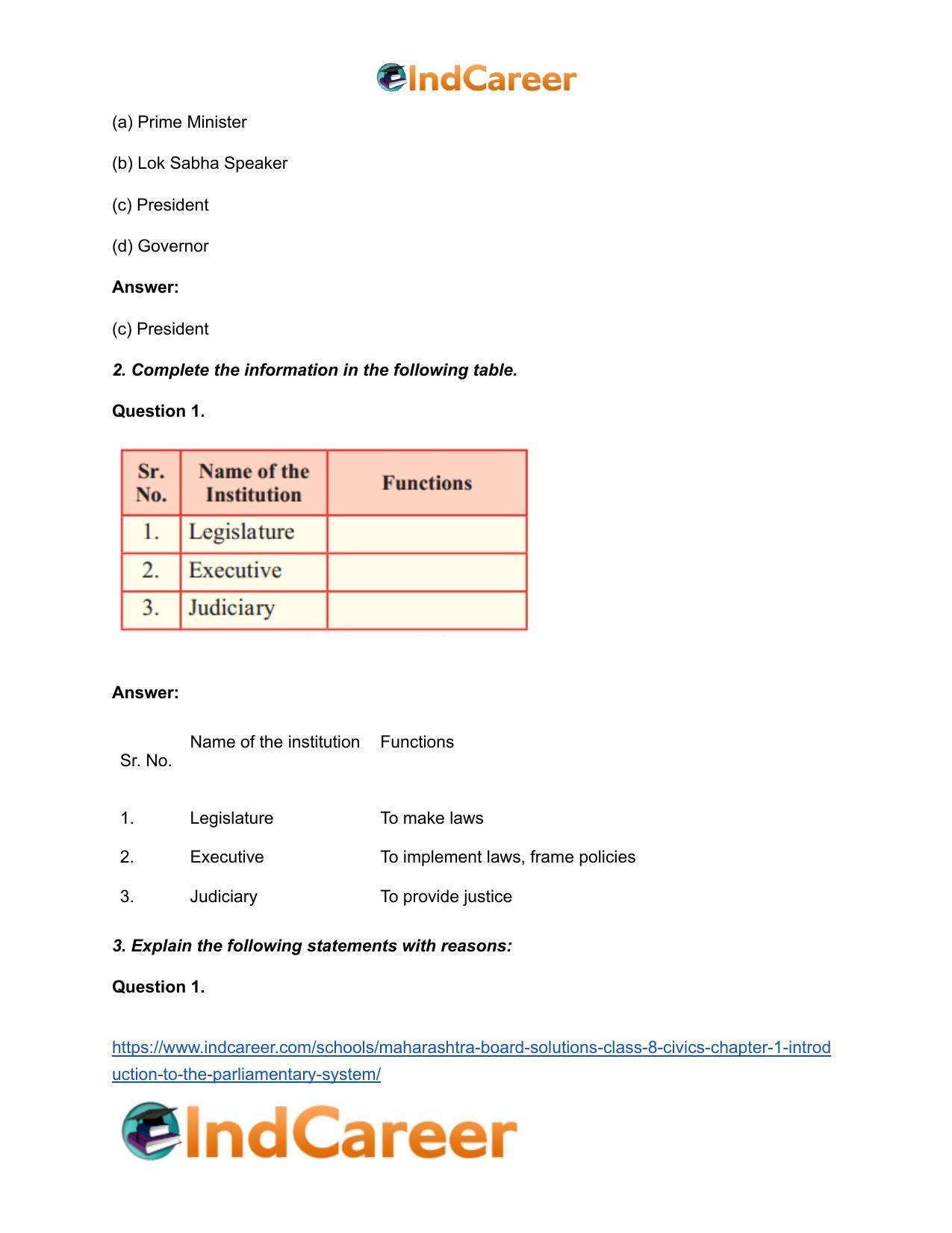 Maharashtra Board Solutions Class 8-Civics: Chapter 1- Introduction to the Parliamentary System - Page 3