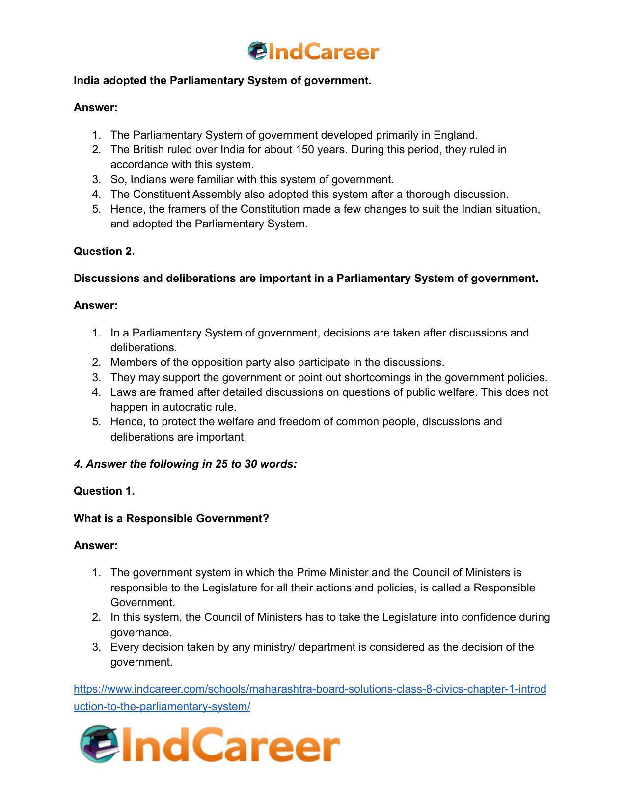 Maharashtra Board Solutions Class 8-Civics: Chapter 1- Introduction to the Parliamentary System - Page 4