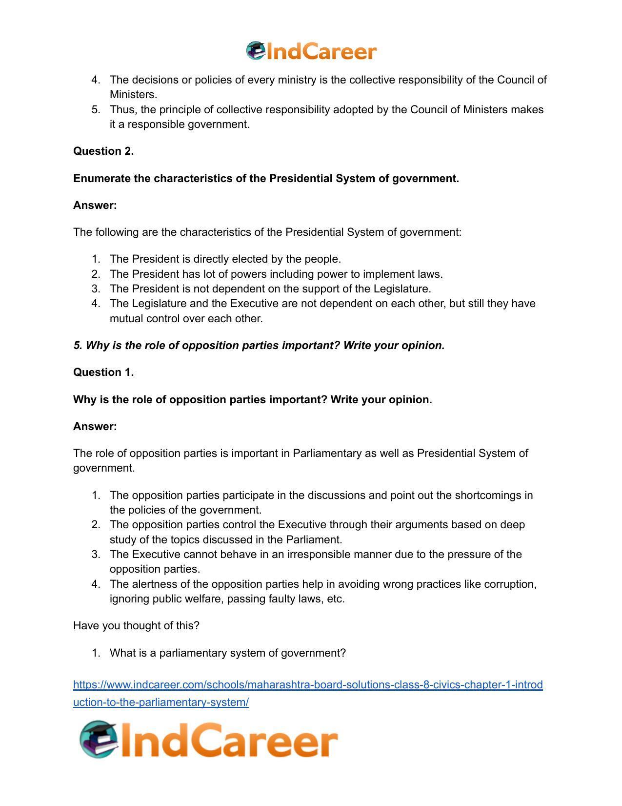 Maharashtra Board Solutions Class 8-Civics: Chapter 1- Introduction to the Parliamentary System - Page 5
