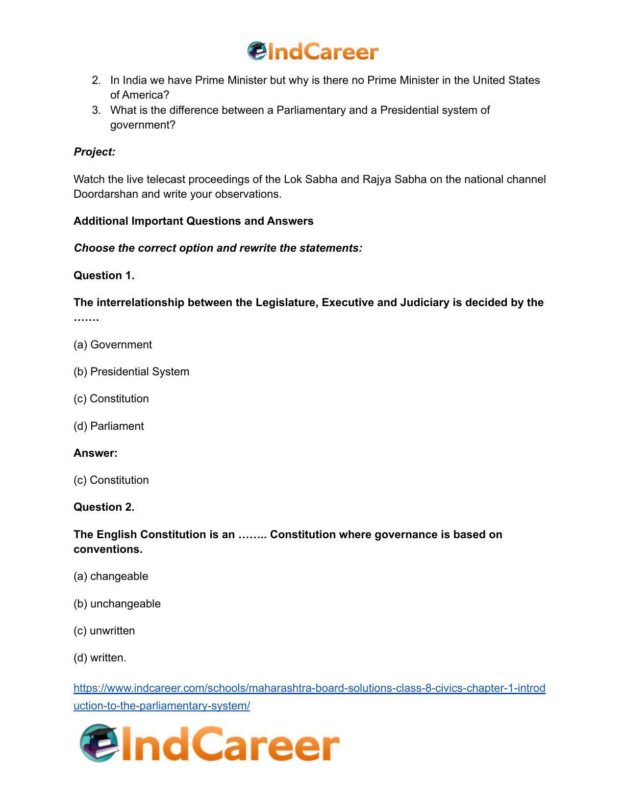 Maharashtra Board Solutions Class 8-Civics: Chapter 1- Introduction to the Parliamentary System - Page 6