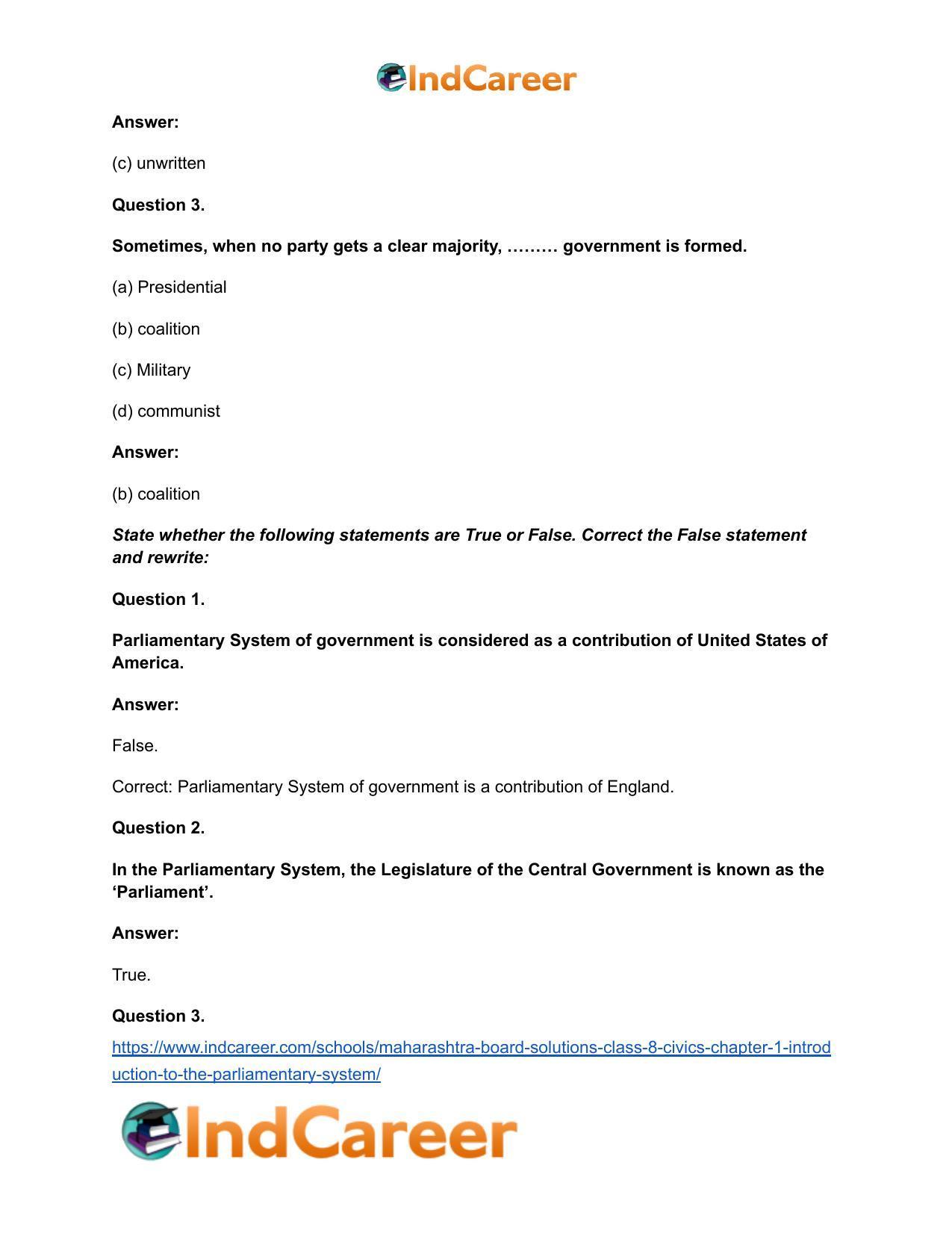 Maharashtra Board Solutions Class 8-Civics: Chapter 1- Introduction to the Parliamentary System - Page 7