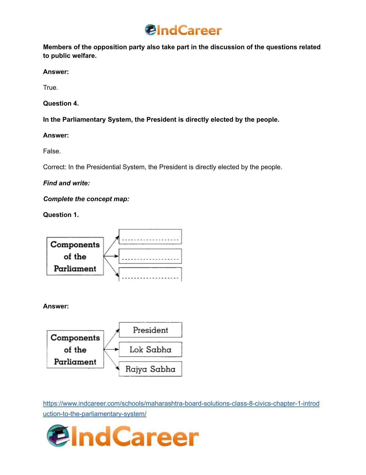 Maharashtra Board Solutions Class 8-Civics: Chapter 1- Introduction to the Parliamentary System - Page 8
