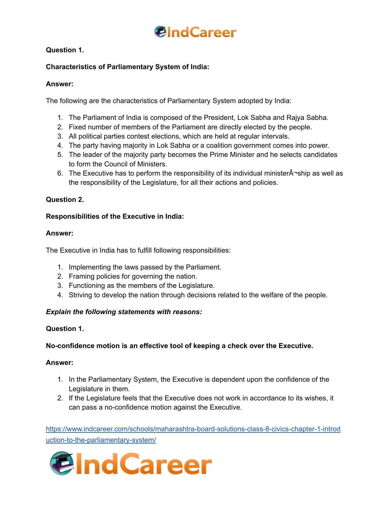 Maharashtra Board Solutions Class 8-Civics: Chapter 1- Introduction to the Parliamentary System - Page 10