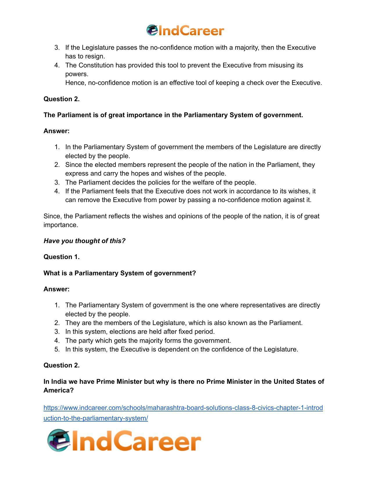 Maharashtra Board Solutions Class 8-Civics: Chapter 1- Introduction to the Parliamentary System - Page 11