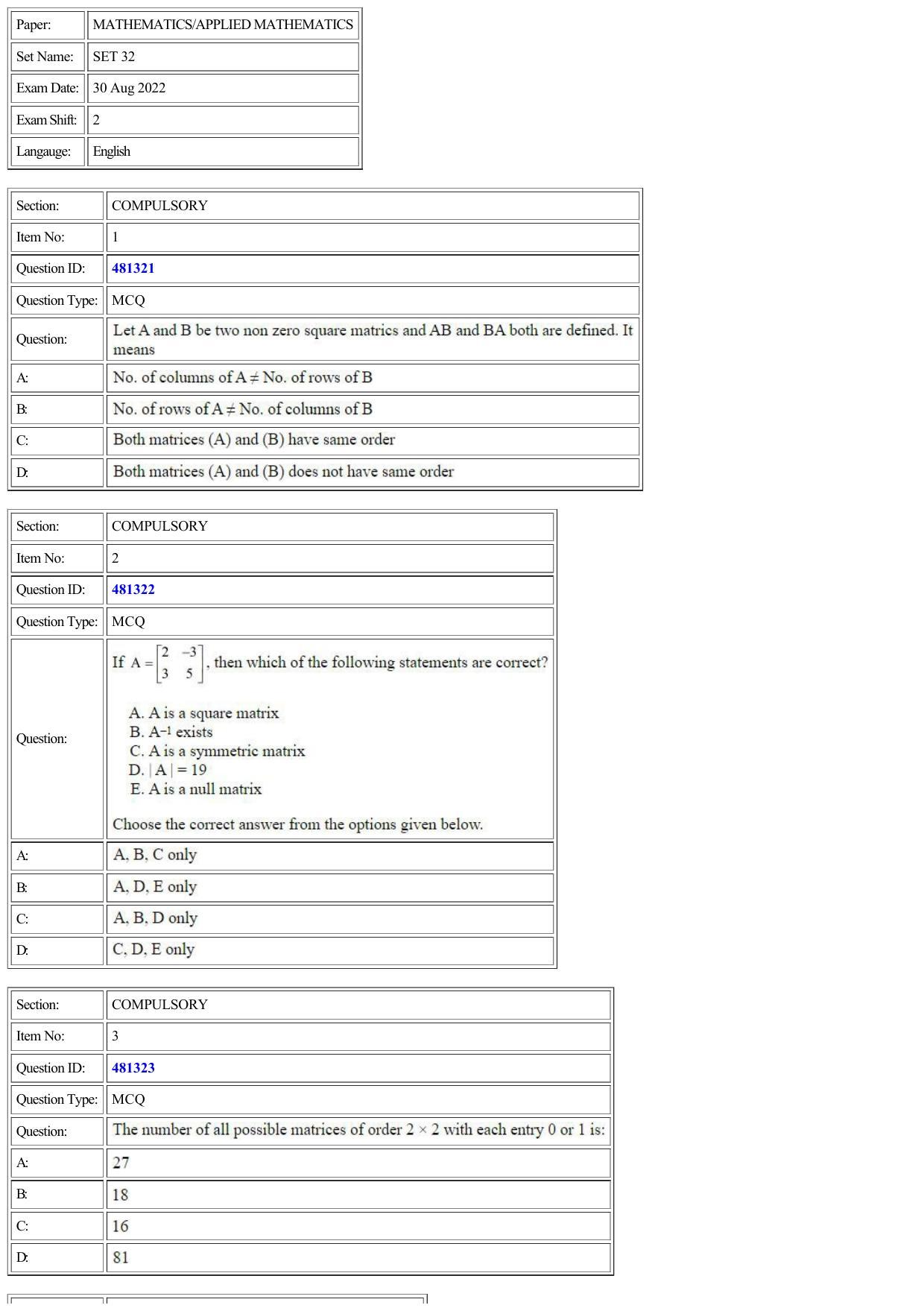 CUET 2022 Question Paper of Mathematics/ Applied Mathematics - Page 1