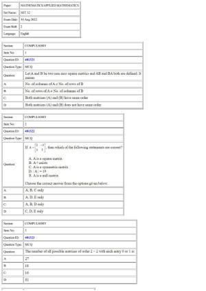 CUET 2022 Question Paper of Mathematics/ Applied Mathematics
