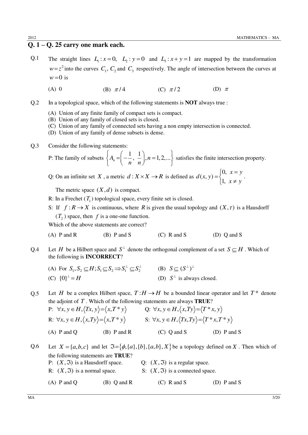GATE 2012 Mathematics (MA) Question Paper with Answer Key - Page 3