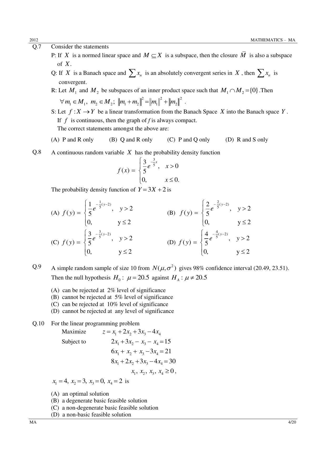GATE 2012 Mathematics (MA) Question Paper with Answer Key - Page 4