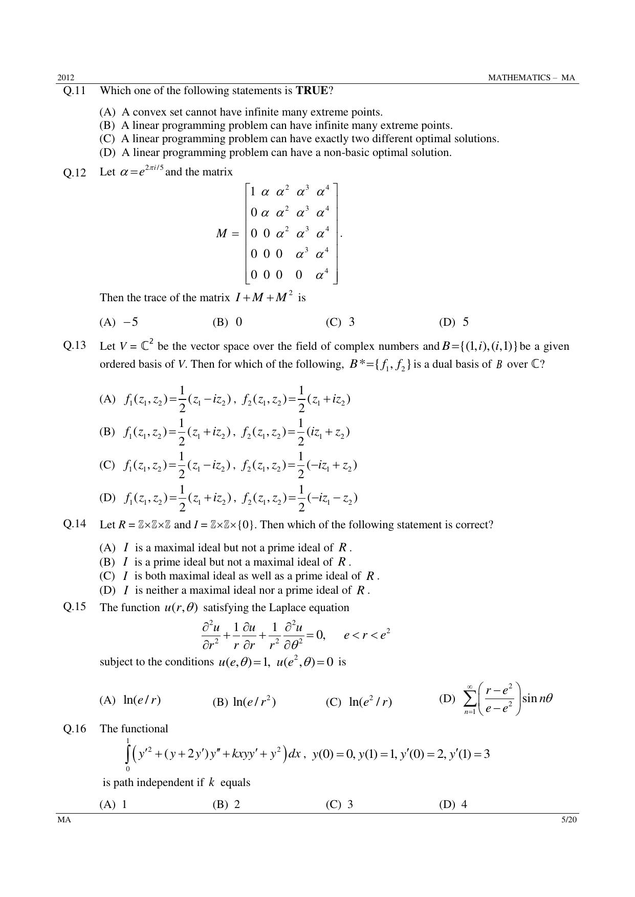 GATE 2012 Mathematics (MA) Question Paper with Answer Key - Page 5