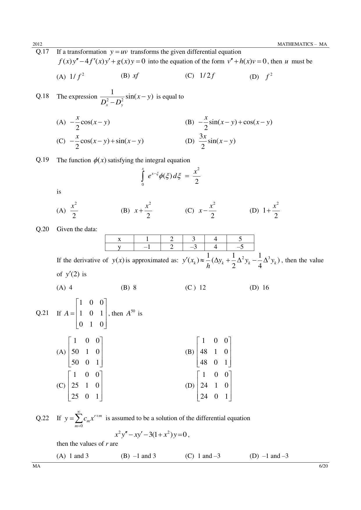 GATE 2012 Mathematics (MA) Question Paper with Answer Key - Page 6