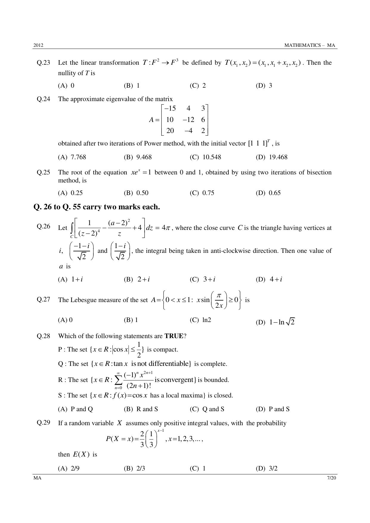GATE 2012 Mathematics (MA) Question Paper with Answer Key - Page 7