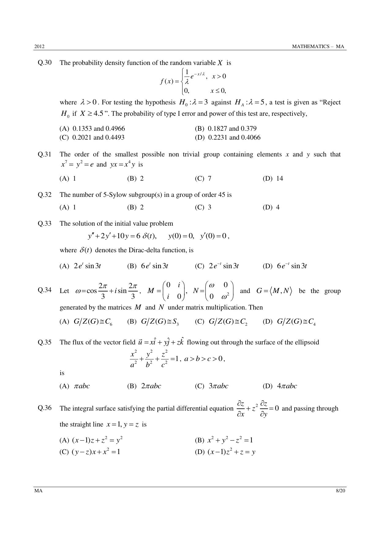 GATE 2012 Mathematics (MA) Question Paper with Answer Key - Page 8