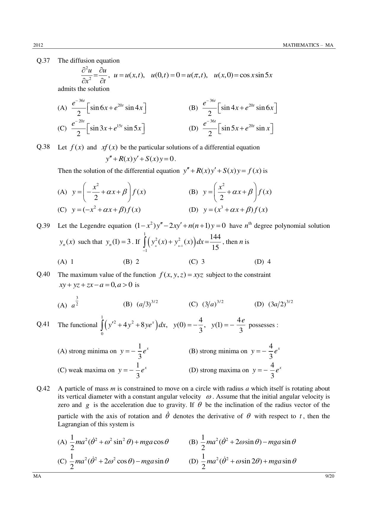 GATE 2012 Mathematics (MA) Question Paper with Answer Key - Page 9