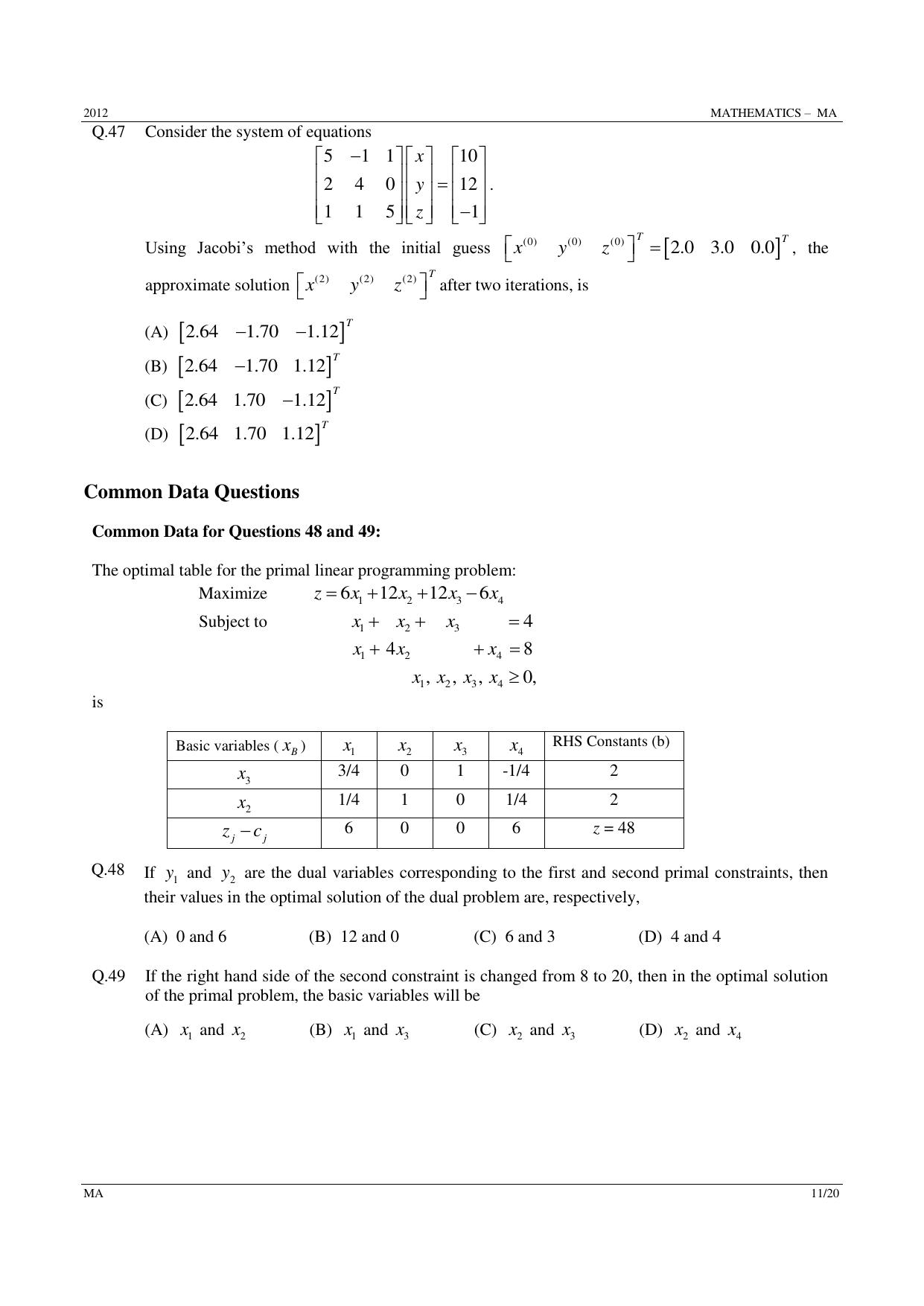 GATE 2012 Mathematics (MA) Question Paper with Answer Key - Page 11