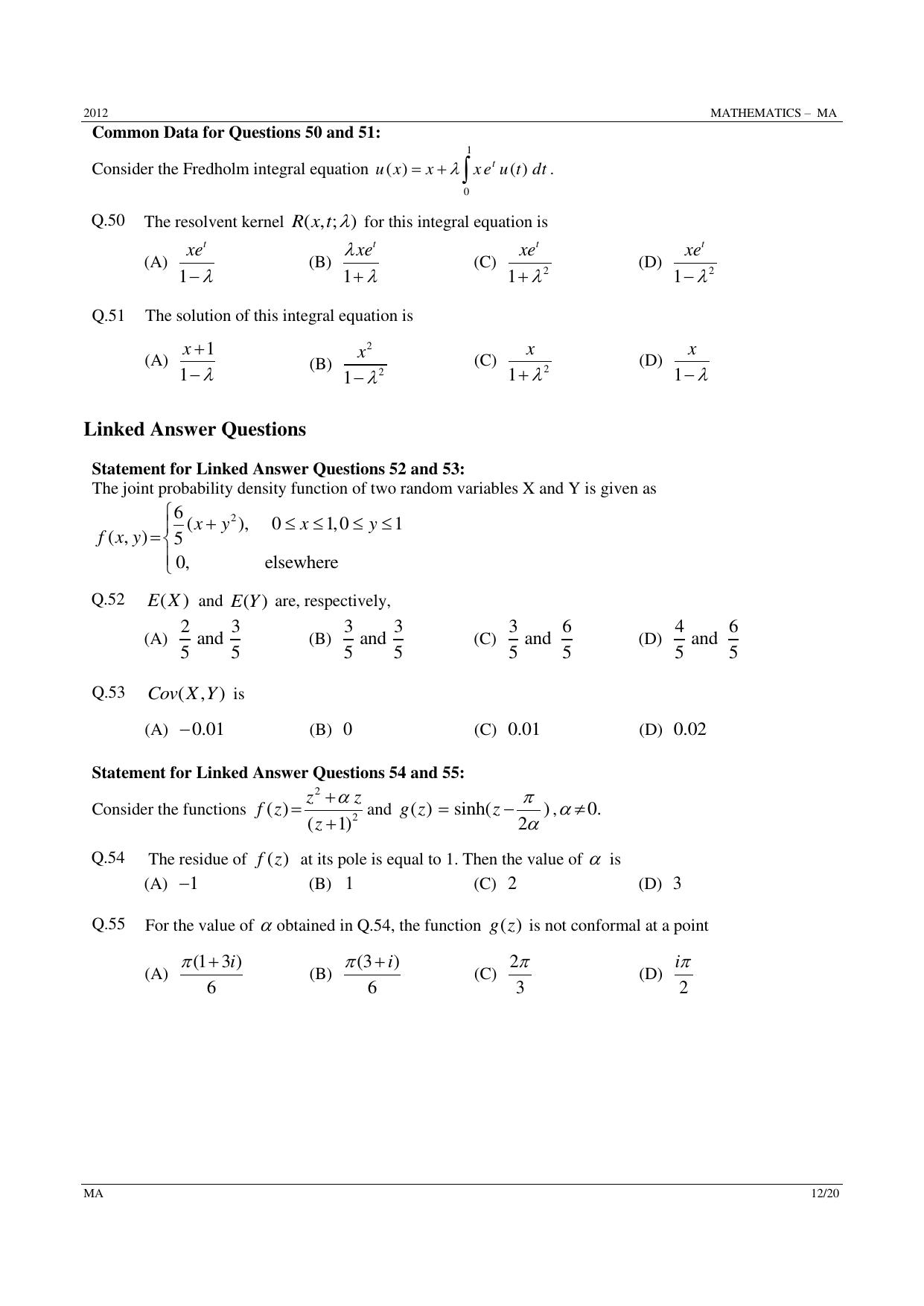 GATE 2012 Mathematics (MA) Question Paper with Answer Key - Page 12