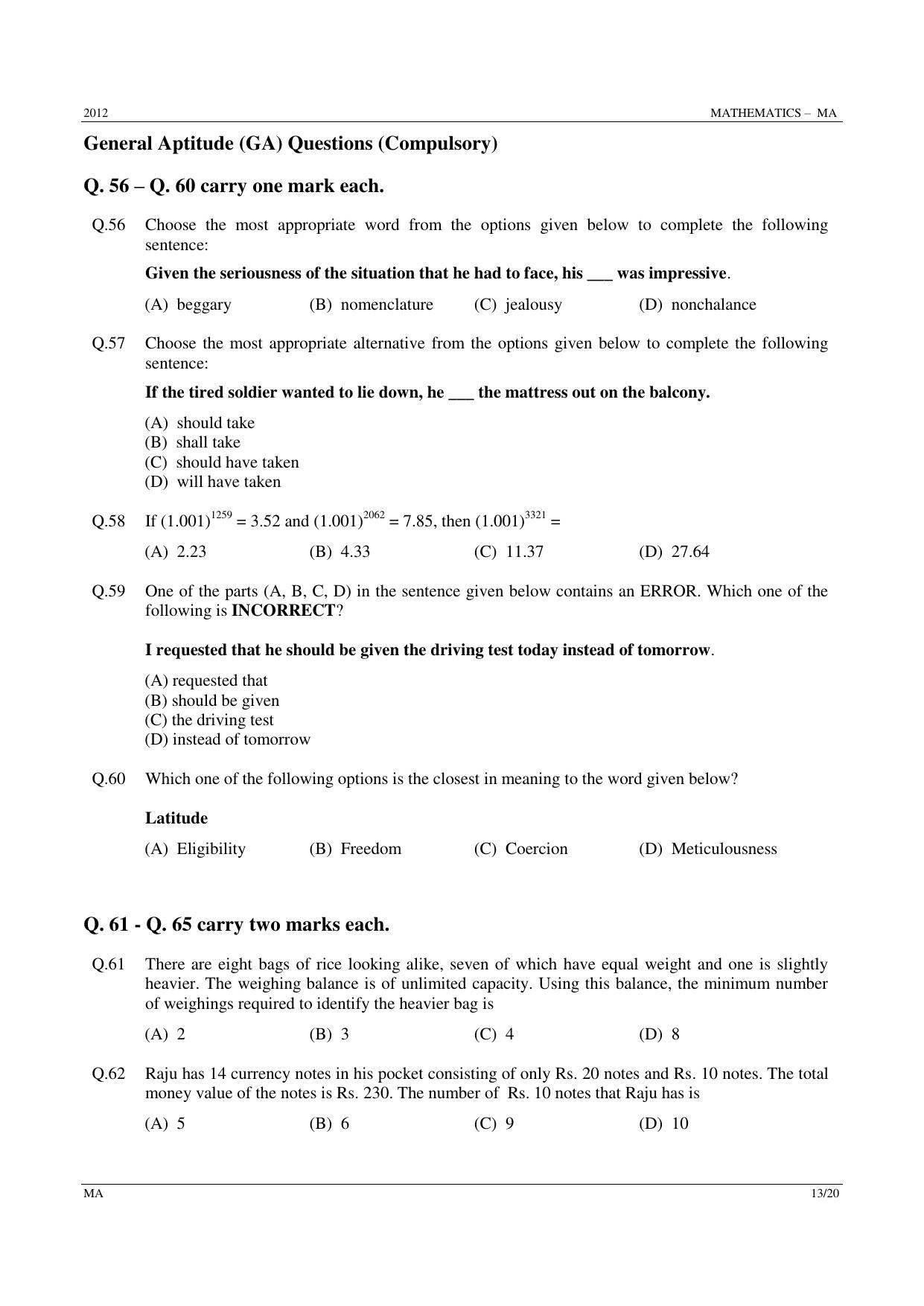 GATE 2012 Mathematics (MA) Question Paper with Answer Key - Page 13