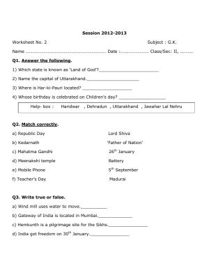 Worksheet for Class 2 GK Practice Assignment 1