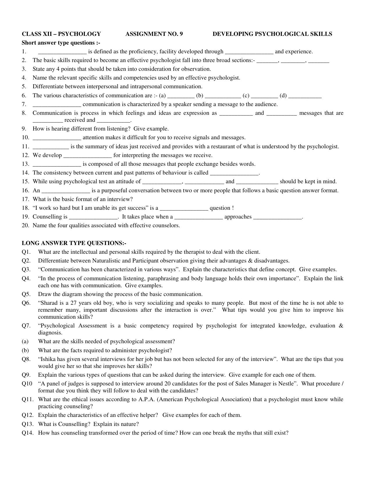 CBSE Class 12 Psychology Assignment 6 - Page 1