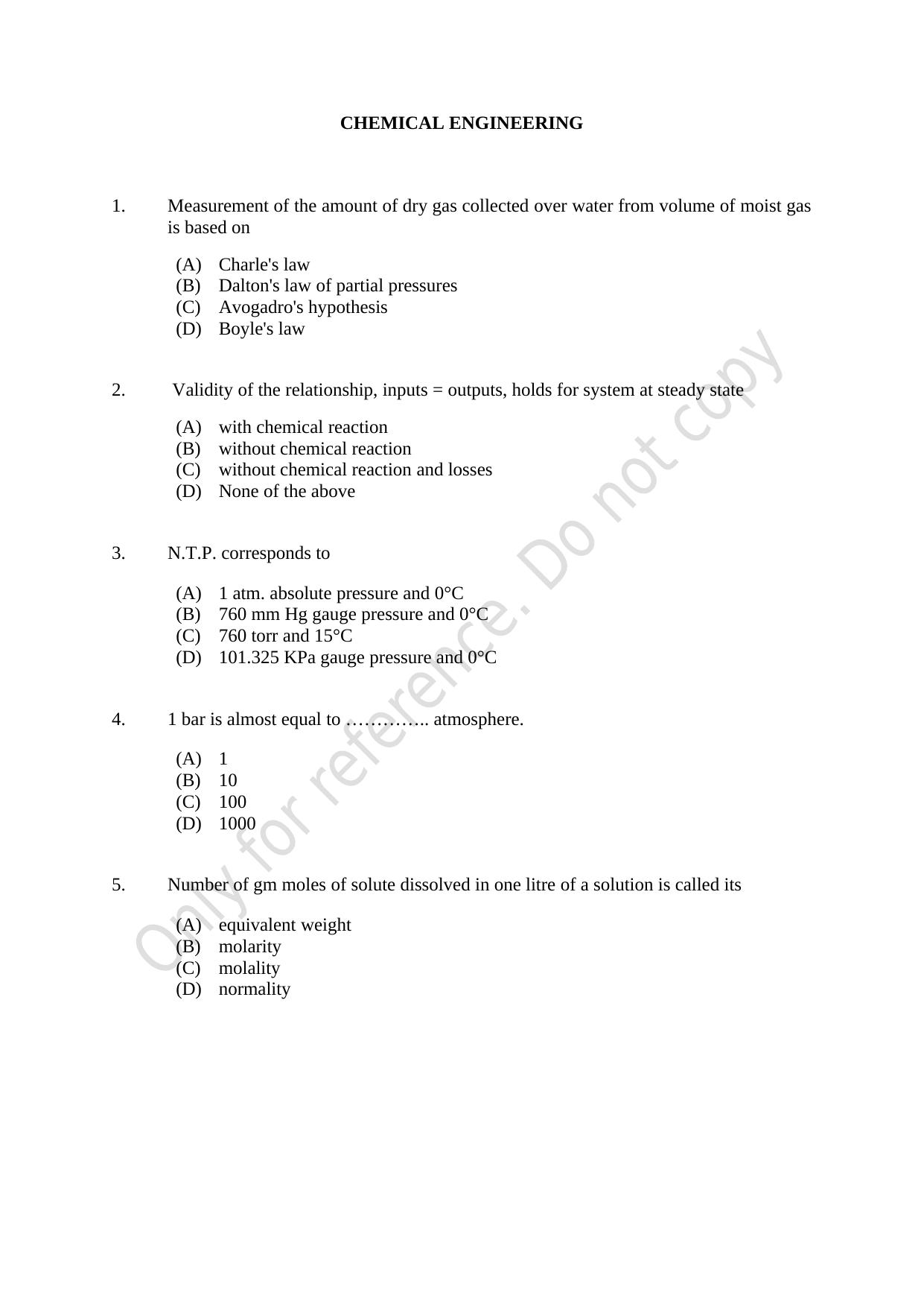 CUSAT CAT 2021 Chemical Engineering Question Paper - Page 1