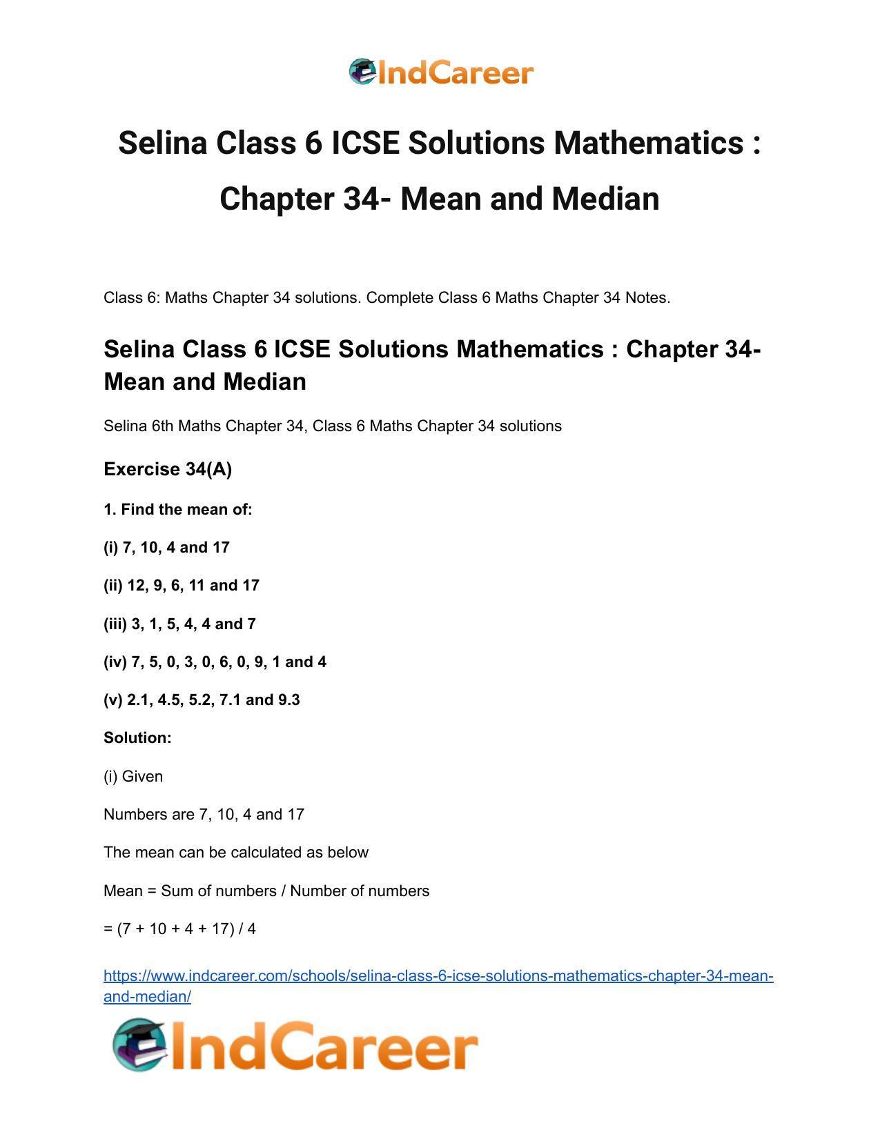 Selina Class 6 ICSE Solutions Mathematics : Chapter 34- Mean and Median - Page 2