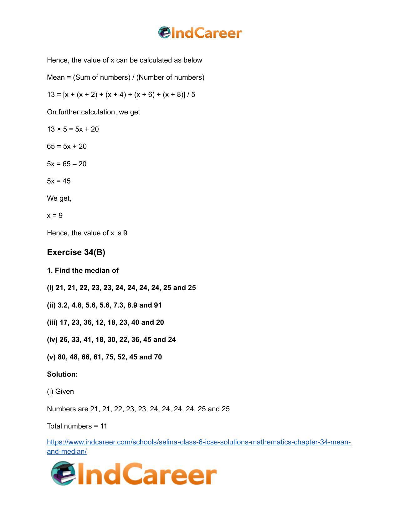 Selina Class 6 ICSE Solutions Mathematics : Chapter 34- Mean and Median - Page 9