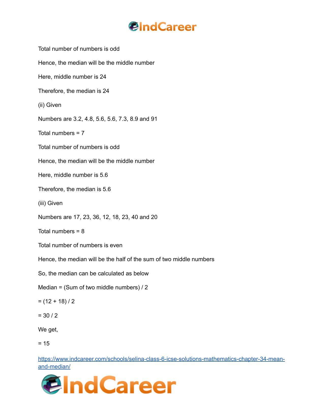 Selina Class 6 ICSE Solutions Mathematics : Chapter 34- Mean and Median - Page 10