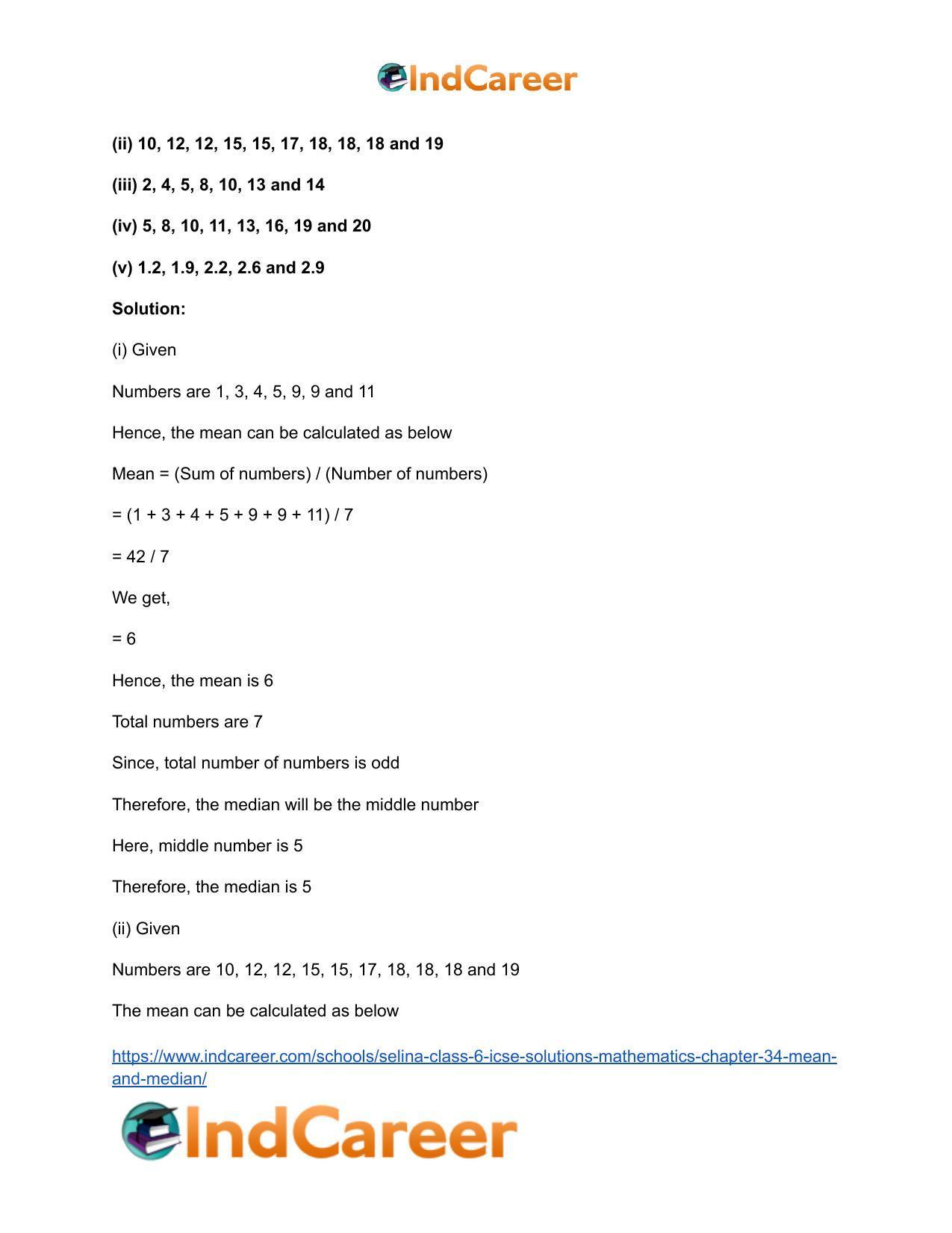 Selina Class 6 ICSE Solutions Mathematics : Chapter 34- Mean and Median - Page 12