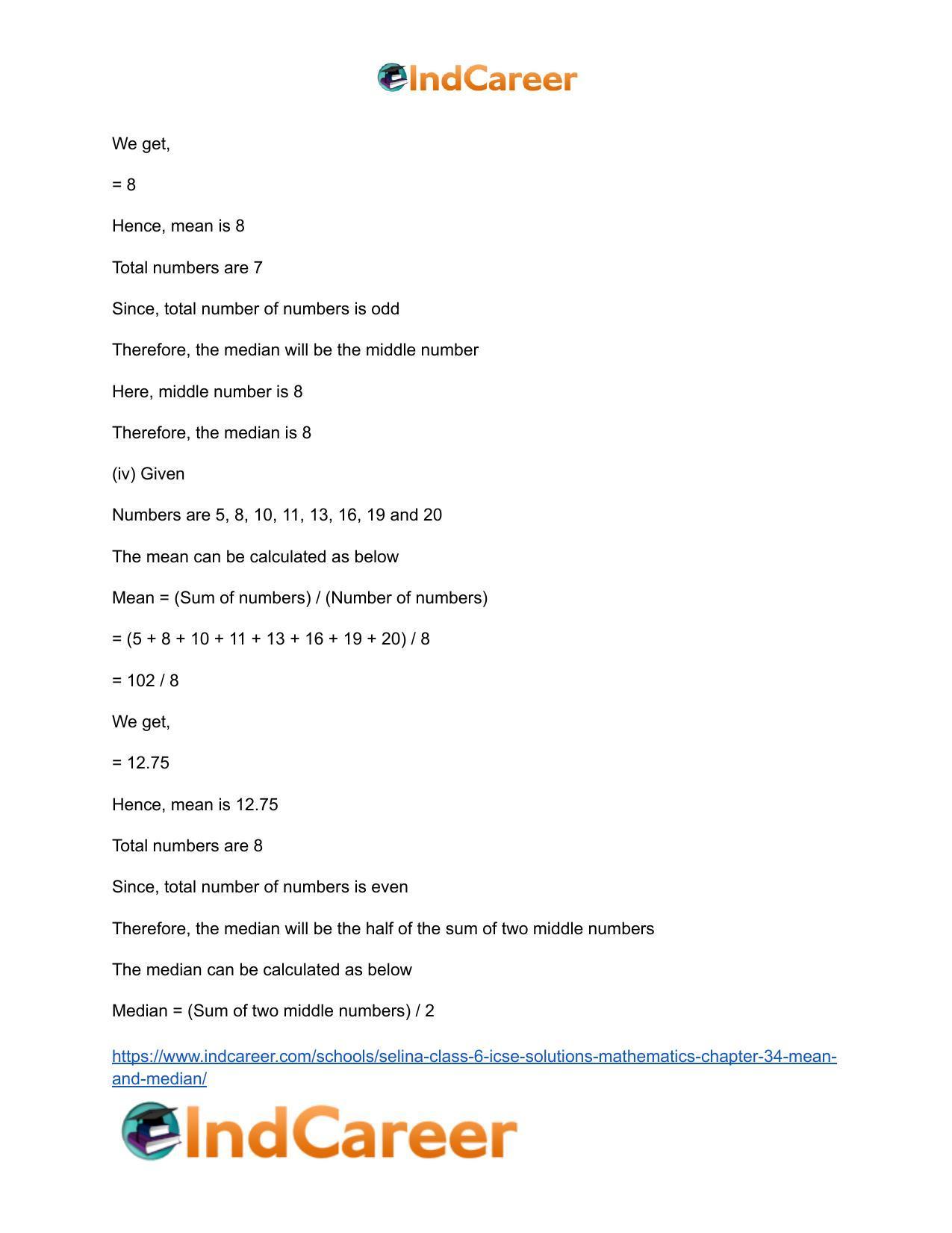 Selina Class 6 ICSE Solutions Mathematics : Chapter 34- Mean and Median - Page 14