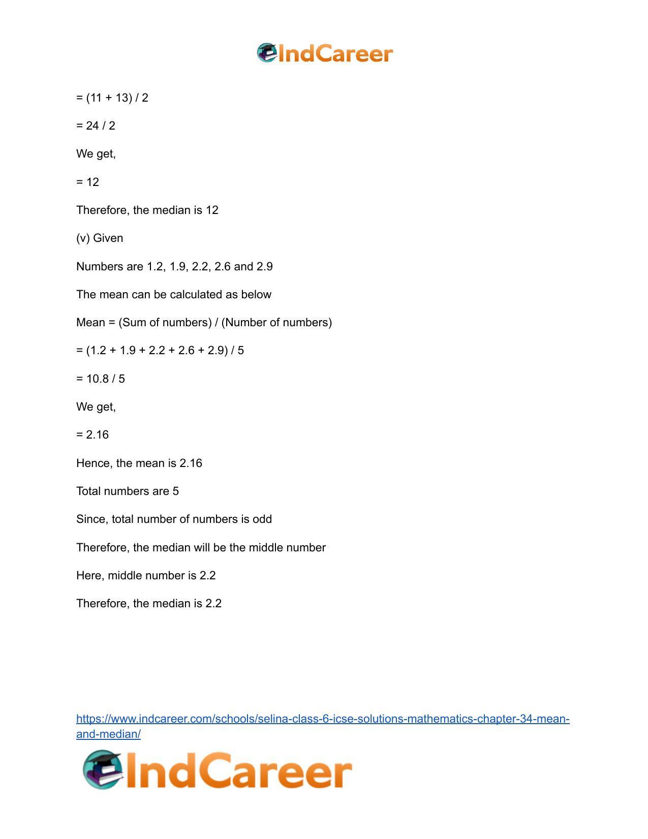 Selina Class 6 ICSE Solutions Mathematics : Chapter 34- Mean and Median - Page 15