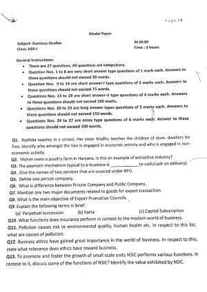JKBOSE Class 11 Business Studies Model Question Paper 2023