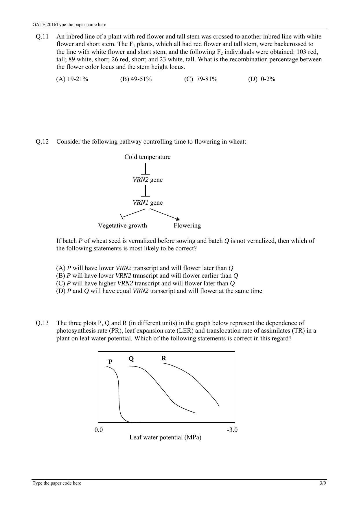 GATE 2016 Life Sciences (XL) Question Paper with Answer Key - Page 13