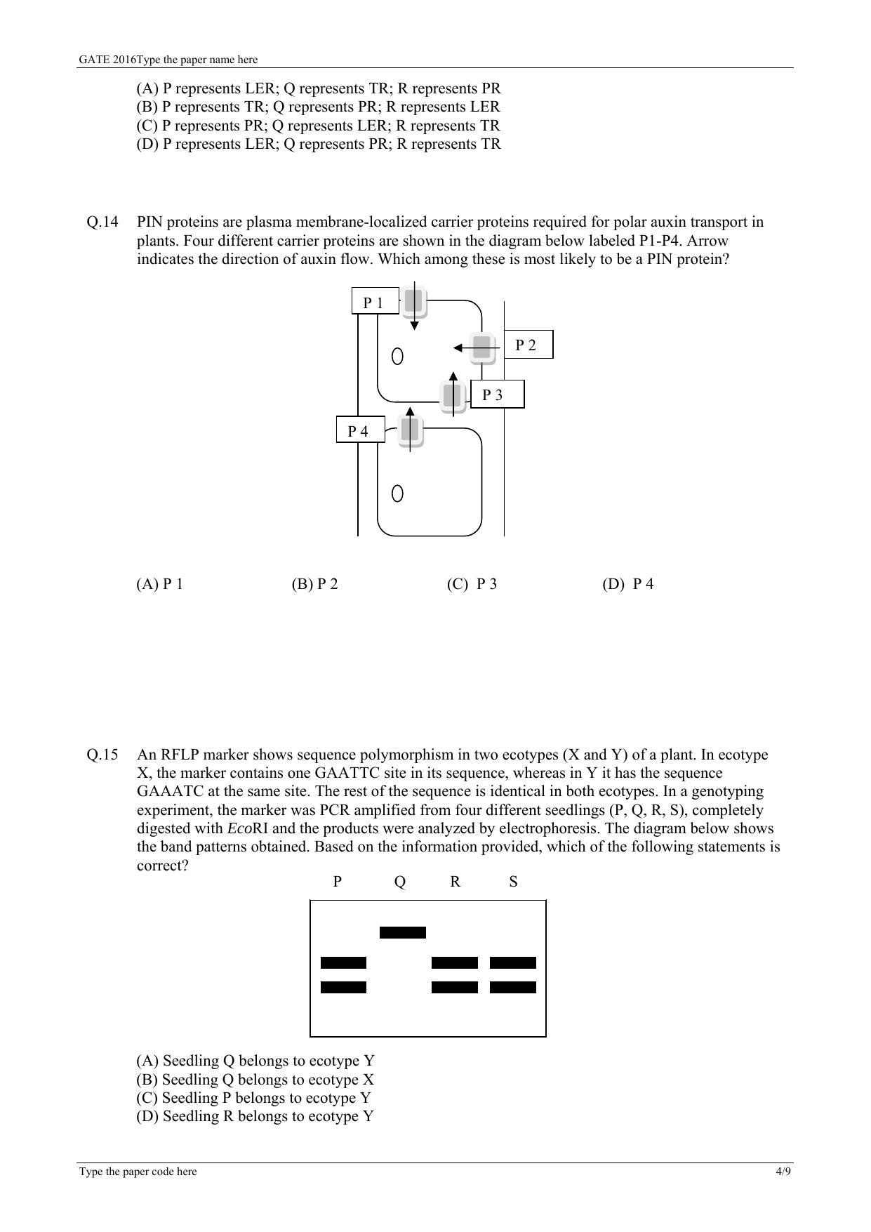 GATE 2016 Life Sciences (XL) Question Paper with Answer Key - Page 14