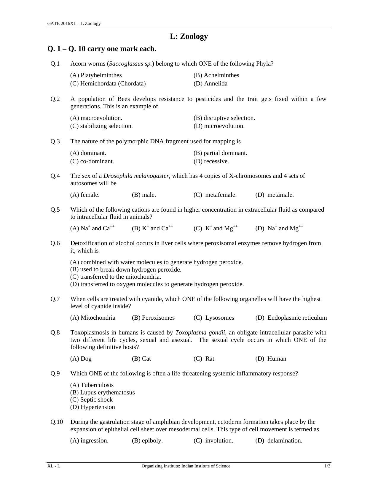 GATE 2016 Life Sciences (XL) Question Paper with Answer Key - Page 22