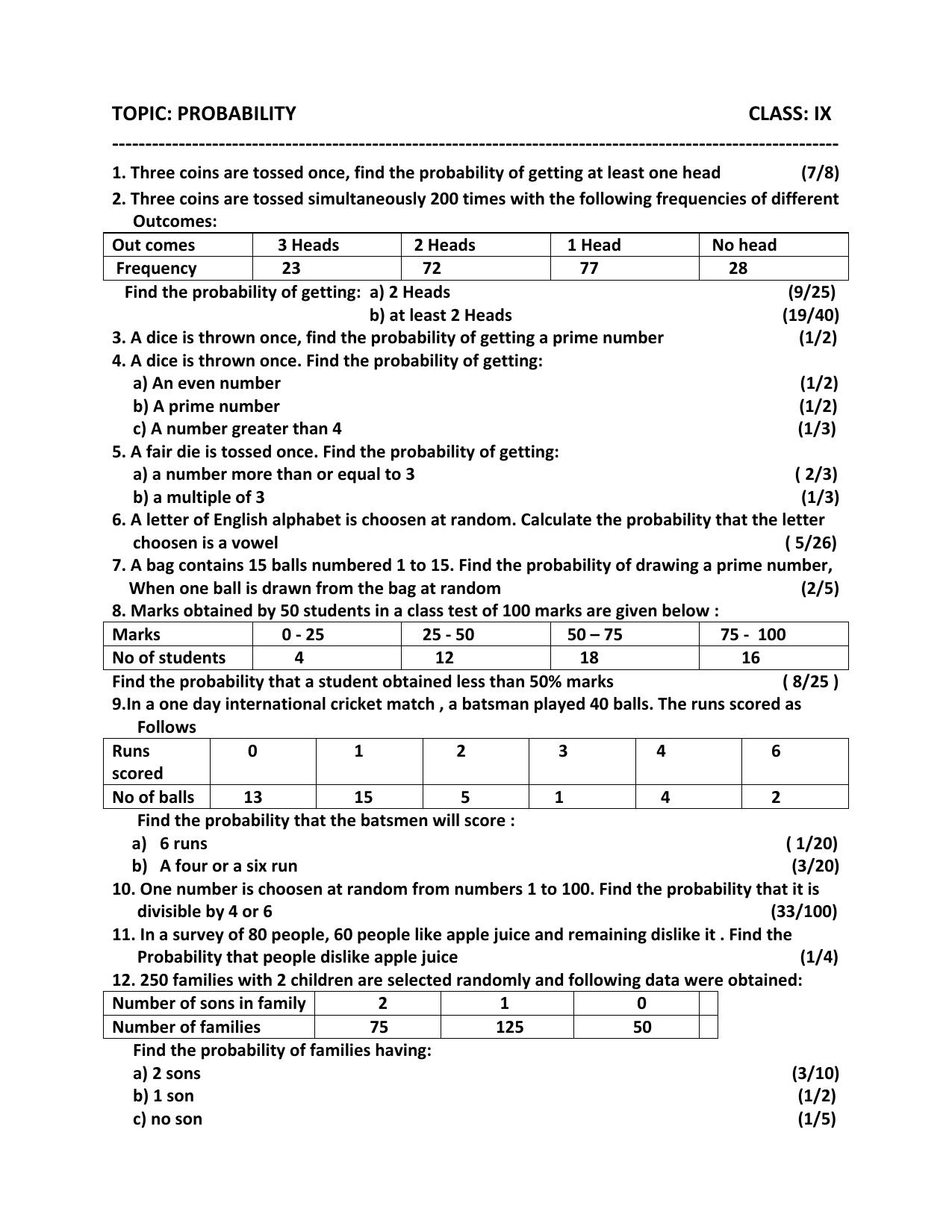 CBSE Worksheets for Class 9 Mathematics Probability Assignment 2 - Page 1