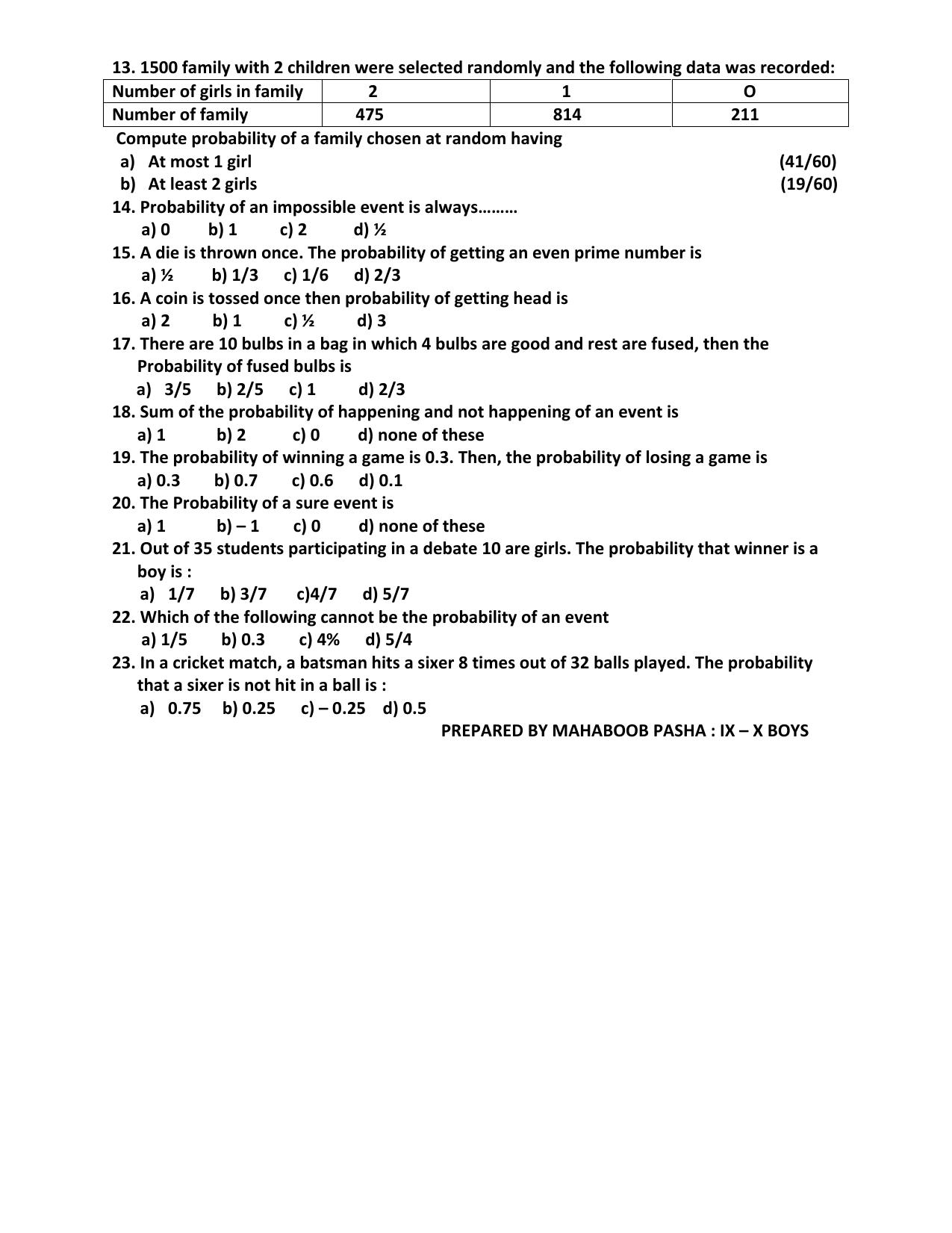 CBSE Worksheets for Class 9 Mathematics Probability Assignment 2 - Page 2