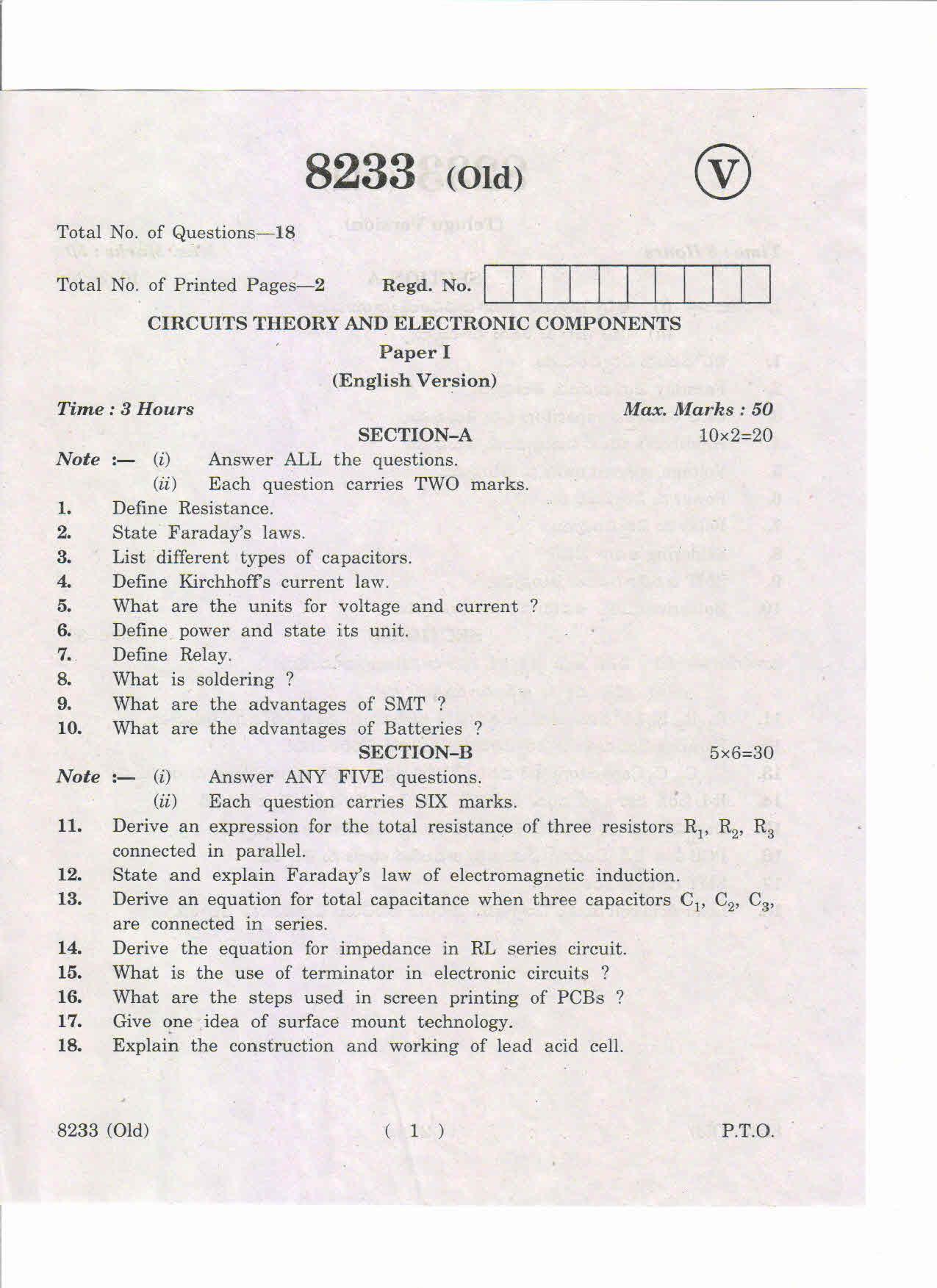 AP Inter 1st Year Circuit Theory and Electronic Components-I (Old) May-2019-Vocational Question Paper - Page 1