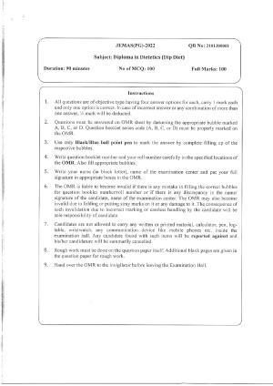 WBJEEB JEMAS (PG) 2022 Dip Diet Question Paper
