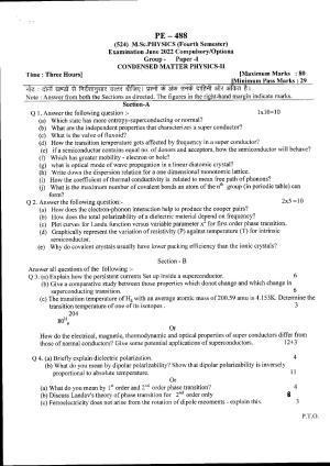 Bilaspur University Question Paper June 2022: M.Sc. Physics (Second Semester) Condensed Matter Physics - II Paper 1