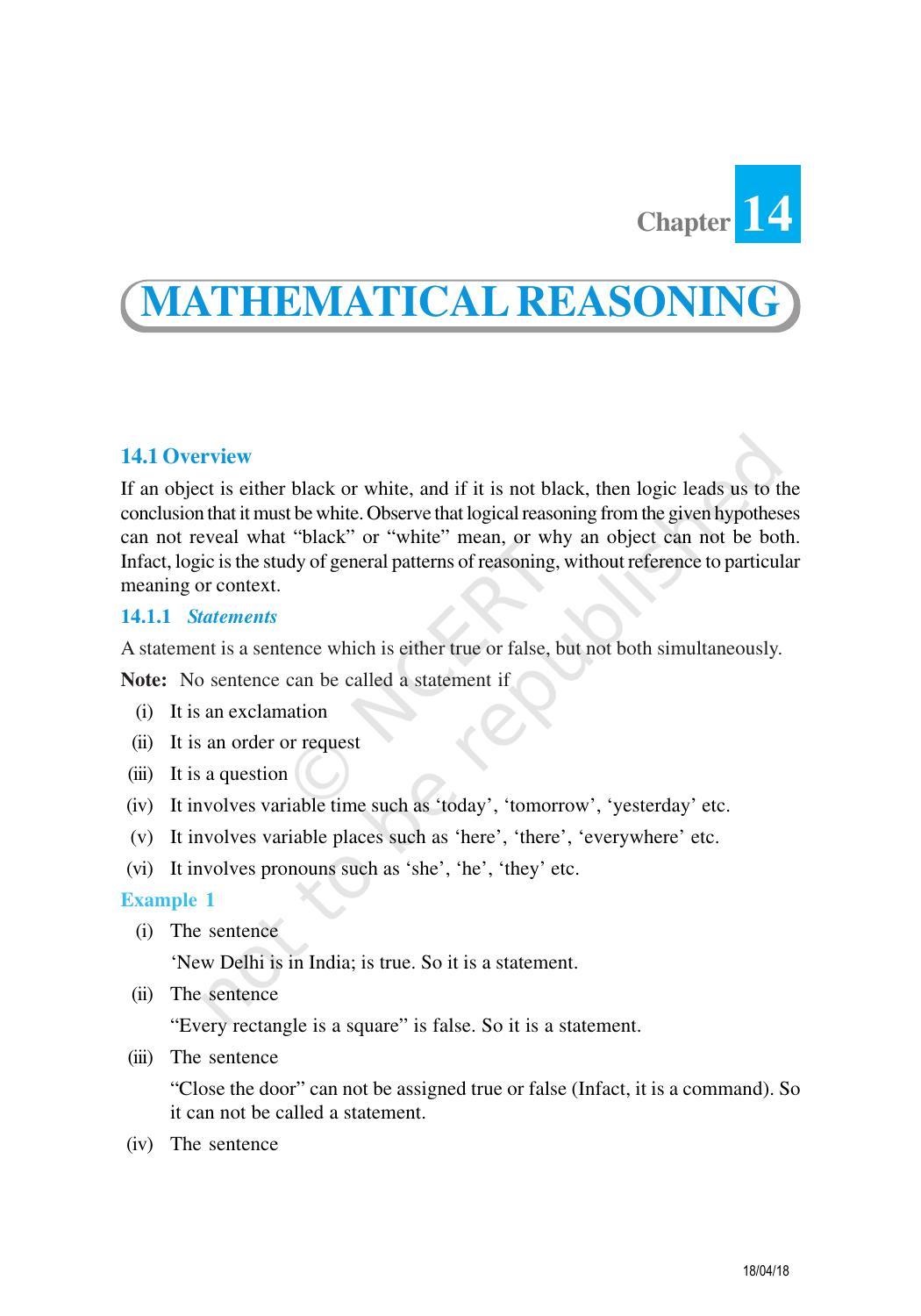 NCERT Exemplar Book for Class 11 Maths: Chapter 14 Mathematical Reasoning - Page 1